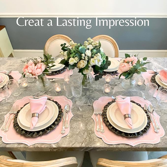 Cotton Linen Placemats Set of 4 - Double Layered, Machine Washable, Scalloped & Embroidered Cloth Table Mats - Wedding, Spring, Pastel Tone Mats, 19 x 17 inch, Light Pink