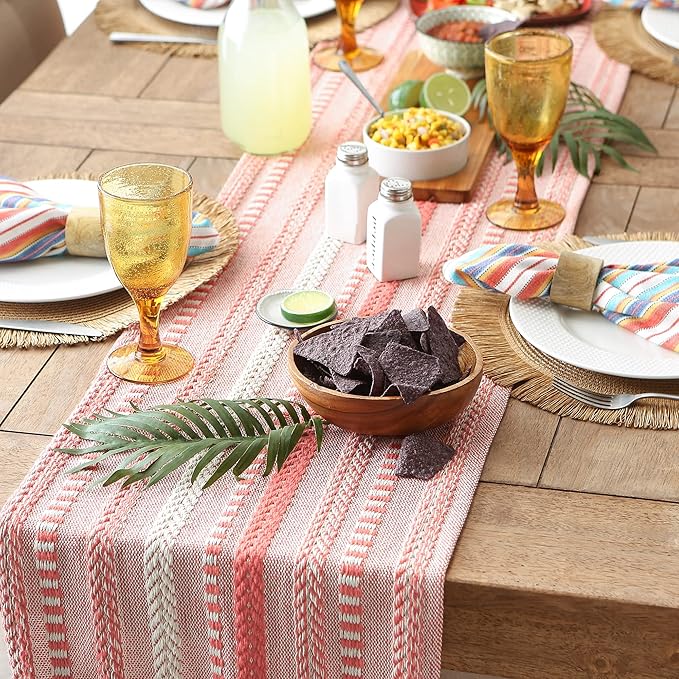 DII Farmhouse Braided Stripe Table Runner Collection, 15x72 (15x77, Fringe Included), Spice