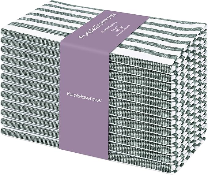 PurpleEssences Plain Striped Cloth Napkins - Set of 12-100% Cotton - 18 x 18 Inch - Spring Easter Summer and Perfect Everyday Use Dinner Napkin - Forest Green and White