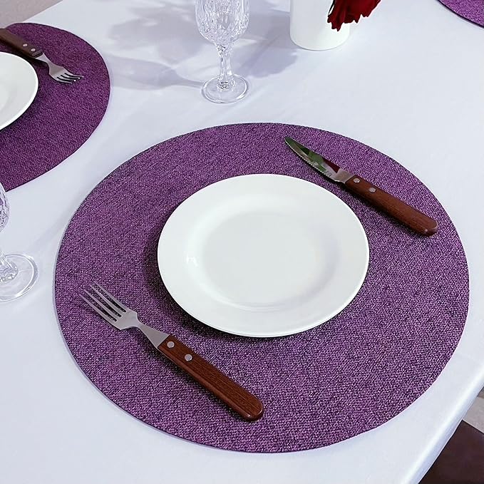 SLOW COW Set of 4 Linen Round Placemats for Dining Table Place Mats 15 inch Washable Purple