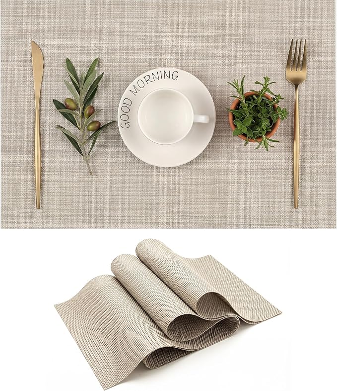 Durable Vinyl Placemats Set of 4, Non-Slip for Dining Table Mat, Heat Resistant Place Mats, Washable Anti-Slip PVC Easy to Clean Wipeable Premium Plastic Mats for Kitchen Beige