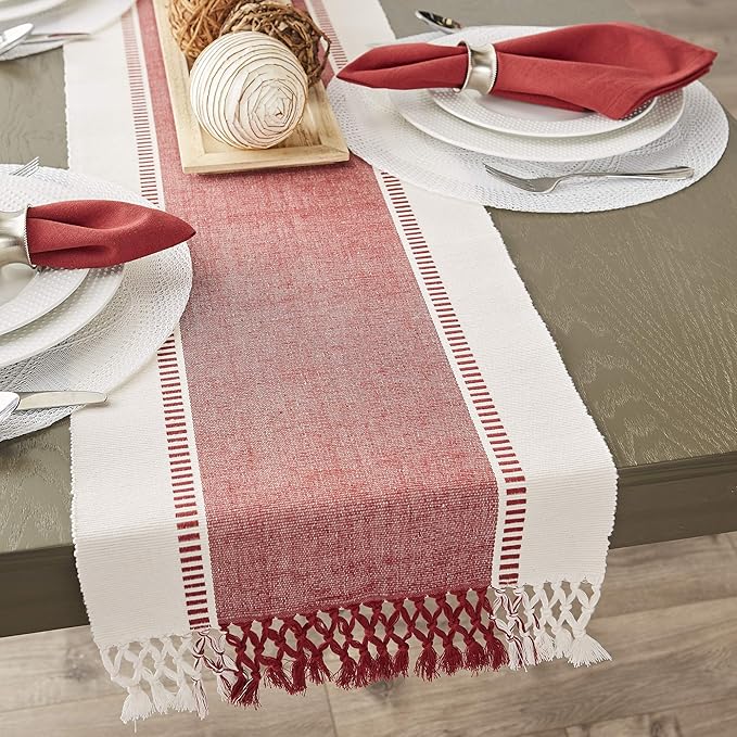 DII Dobby Stripe Woven Table Runner, 13x72 (13x77.5, Fringe Included), Barn Red