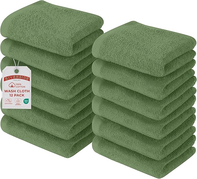 RIVERSIDE Pack of 12 Washcloths, 12 x 12 Inches, 100% Cotton, Premium Flannel Face Cloths, Highly Absorbent & Soft Feel Fingertip Towels (Sage Green, 12 Pack)