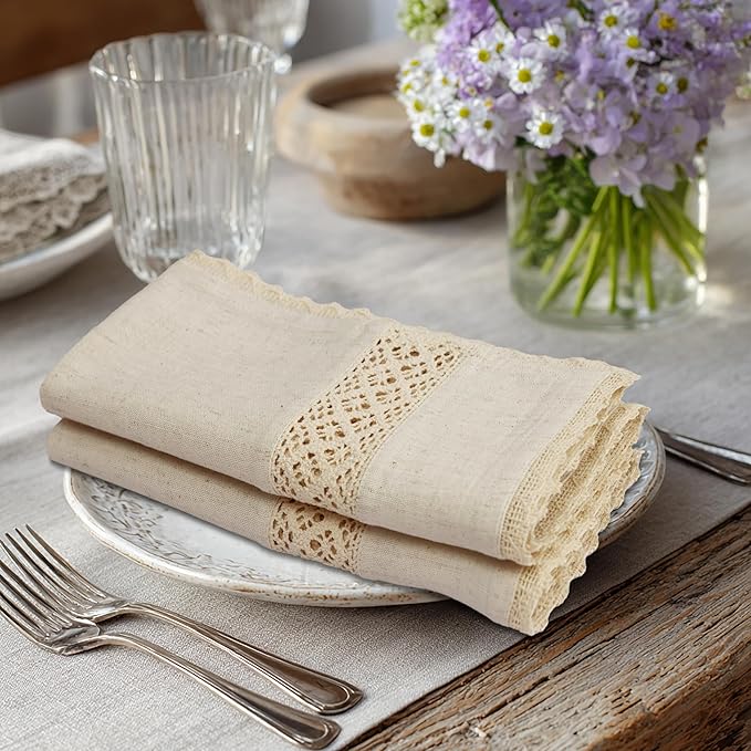 COTTON CRAFT Cloth Napkins with Lace - Set of 8 Natural Cotton Flax Elegant Everyday Fall Harvest Thanksgiving Holiday Table Lunch Dinner Napkins - Washable Reusable Serviette - 17x17 inches