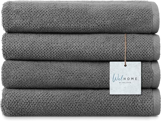 Welhome Franklin 100% Cotton Popcorn Textured Towel Set - 4 Pack Bath Towels, 600 GSM, Soft & Plush, Dark Gray