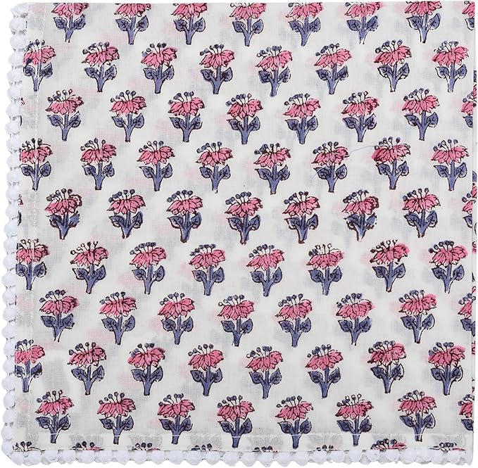 CPC Cloth Napkins 100% Cotton Set of 4 Reusable Napkins, Indian Block Print Toile Floral Dinner Napkin, Fall Thanksgiving Christmas Holiday Party Gift - Soft Absorbent Napkin, 18"x18" Mix Pom Pom