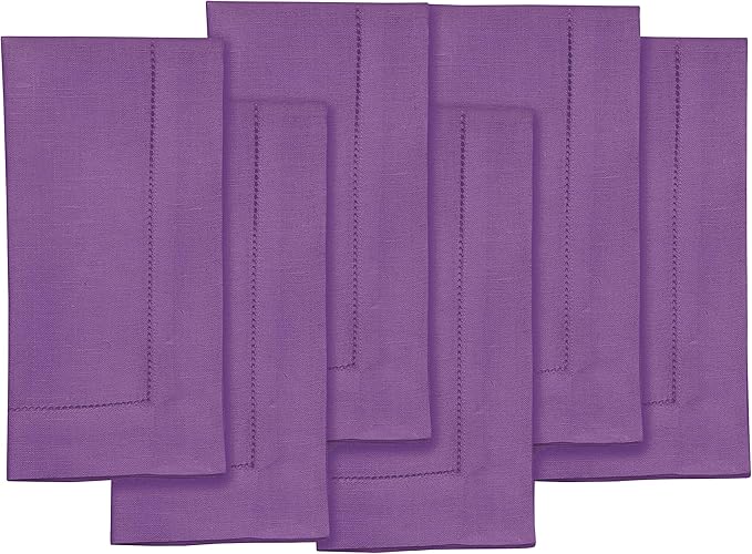 Solino Home Purple Linen Napkins Set of 6-100% Pure Linen Hemstitch Dinner Napkins 20 x 20 Inch for Mothers Day, Spring, Summer - Classic Hemstitch