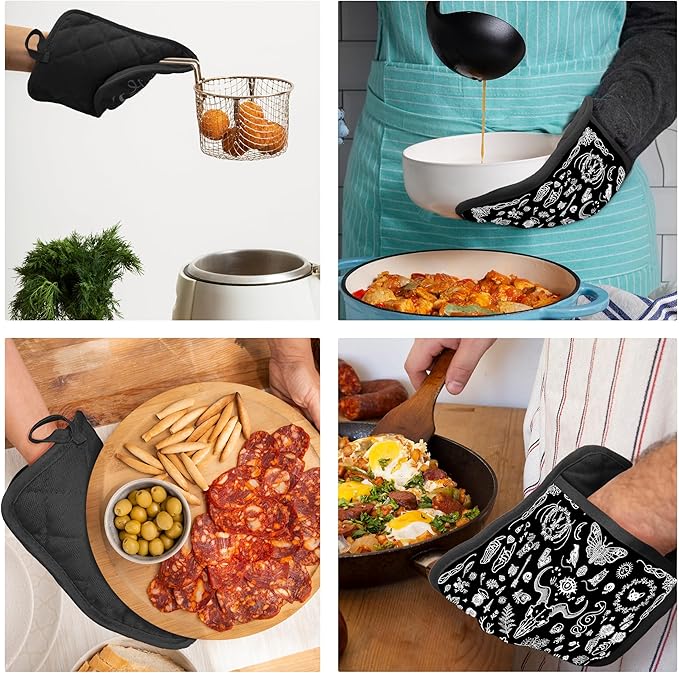 Gothic Witchy Skull Pot Holders with Pockets, Witchy Gifts, Goth Black Pot Holders Heat Resistant Oven Mitts Hot Pads for Kitchen Baking Cooking,Potholders for Kitchens