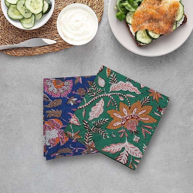 Marubhumi 10 Pc Cotton Cloth Napkins- Hand Block Print, Eco-Friendly, Dinner Napkins, Floral,Hand Made Size 16x16 Inch Printed Home Decor Multicolored
