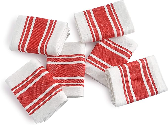 Kitchen Towels Set – Pack of 6 (20’’ x 30’’) Extra Large Premium Cotton Dish Towels for Kitchen – Super Striped Towels – Absorbent – 100% Cotton – Hanging Loop – Red