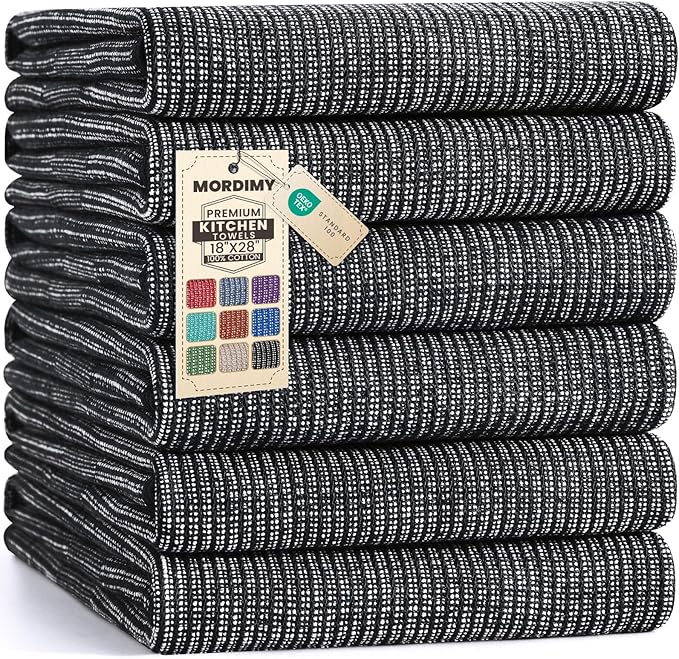 Mordimy Premium Kitchen Towels 6 Pack (18 x 28 Inches, Black), Large Cotton Kitchen Hand Towel, Flat & Terry Dish Towels for Drying Dishes, Super Absorbent Tea Dishtowels Set with Hanging Loop