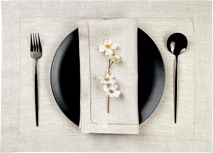 D'Moksha Homes Light Natural Linen Cloth Placemats Set of 4-100% Pure Linen Hemstitch Placemats 14 x 19 Inch - Classic Hemstitch Table Place Mats for Mothers Day - Machine Washable