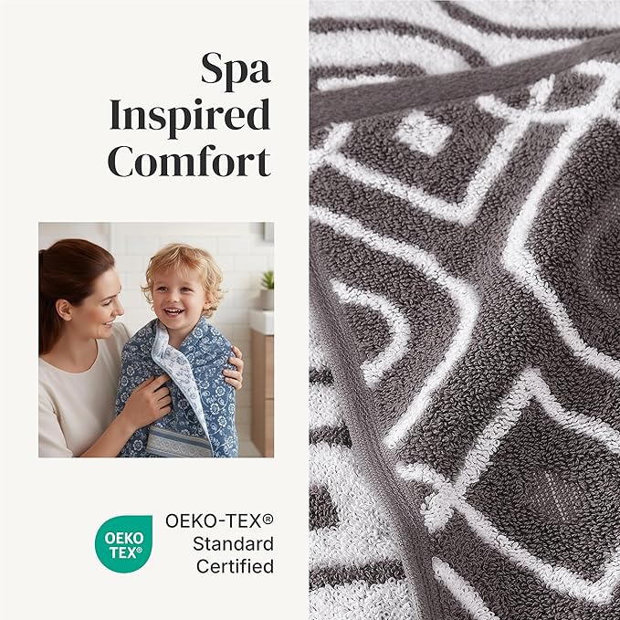 Modern Threads Classic Diamond 6-Piece 100% Cotton Towel Set – Yarn Dyed Jacquard – Includes 2 Bath Towels, 2 Hand Towels, 2 Washcloths – Absorbent, Quick Dry, Soft & Durable – Gray
