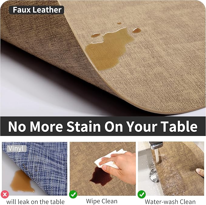 Maxpearl Round Placemats Set of 6, 13.8 inch Faux Leather Heat Resistant Table Mats, Non Slip Waterproof Wipeable Place Mats for Kitchen Dining Holiday Party Table Settings, Brown