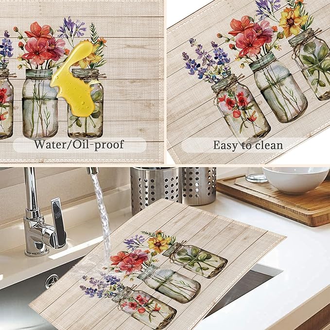 Spring Flowers Placemats Set of 6,Washable Heat Resistant 12×18 Inch Linen Table Mats Floral Place Mats for Party Outdoor Dining Decor