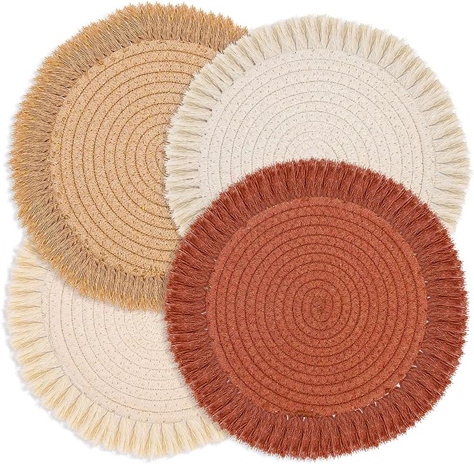 13 Inch Round Cotton Placemat Set of 4 Boho Placemats Table Mats Woven Washable Table Placemats for Fall Kitchen Dining Home Farmhouse Thanksgiving Christmas Decoration Heat Resistant Place Mat