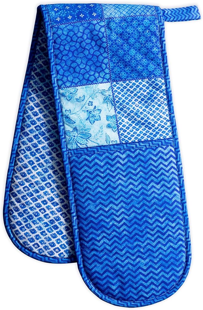 Maison d' Hermine Double Oven Mitts 100% Cotton 7"x35" Double Oven Mitt Heat Resistant BBQ Cooking Gloves with Loop Baking Grilling Gifts for Mothers Day Spring Summer (Indigo Love)