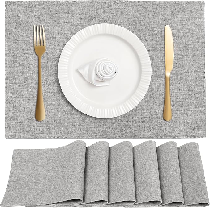 Linen Cloth Double Layers Placemats, Cotton Woven Placemats Set of 6, Kitchen Table Farmhouse Decor Heat Resistant Table Mats, Outdoor Indoor Square Fabric Place Mats Can be Washable (Light Gray)