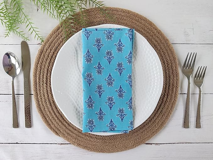 Soft Cotton Napkins 18x18 inches - Washable Thin Cloth Dinner Set of 6 Everyday Use or Party and Events Blue Floral Lightweight Indian Block Print Fabric by Craftbot Turquoise