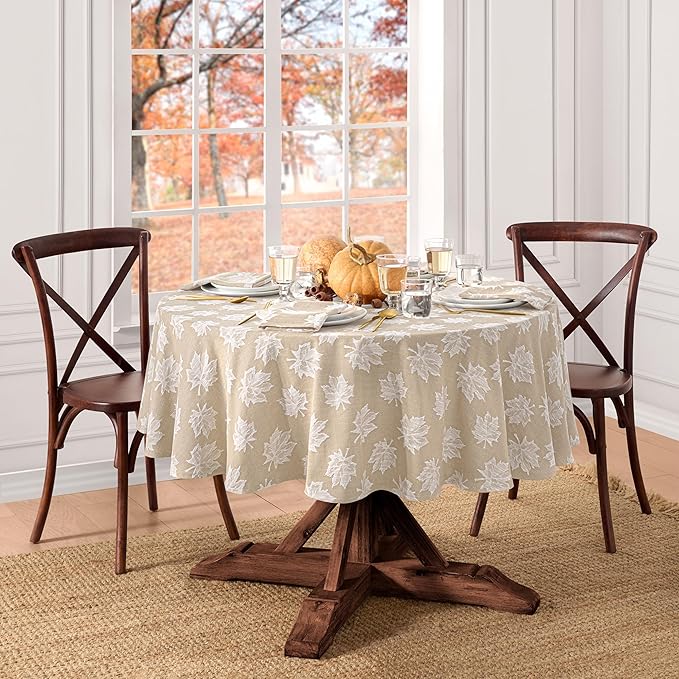 Elrene Home Fashions Falling Leaves Jacquard Harvest/Thanksgivingt Cotton Tablecloth, 60"x84" Oval, Taupe