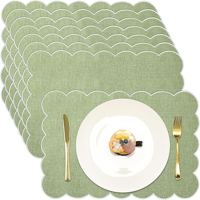 LemonRoad 8 Pcs Boho Linen Placemats Set 13" x 19" Elegant Scalloped Double Layered Placemats Farmhouse Washable Rustic Dining Table Decorations for Kitchen Wedding Banquet (Sage Green,White)