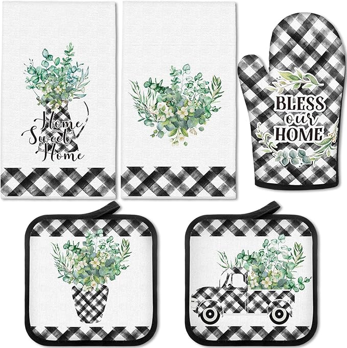 5 Pcs Buffalo Plaid Oven Mitts Pot Holders Dish Towels Set Including 2 Pcs Farmhouse Kitchen Towels 2 Pcs Potholders 1 Pcs Microwave Gloves for Kitchen Cooking (Eucalyptus)