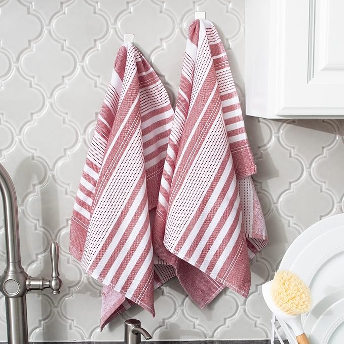 T-Fal Premium Dual-Sided Skipping Striped Kitchen Towels (2-Pack), 18" x 28", Highly Absorbent, Long-Lasting, Reversable 100% Flat-Weave Cotton Dish Towels, Hand Towels, Bar Towels, Paprika