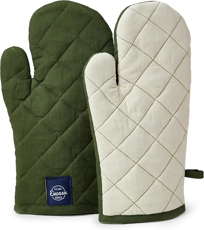 Encasa XO Heat Resistant Cotton Oven Gloves Mitts (2 Pc Set) - Quilted & Safe 12x6.6 in - for Kitchen, Cooking & Baking, Grilling, Handling Hot Pots & Pans - Leaf Green