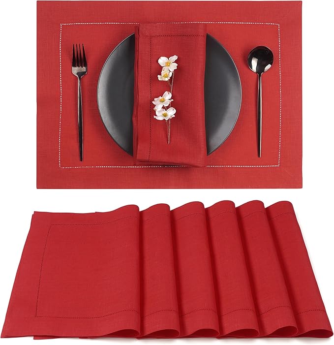 D'Moksha Homes Linen Placemats Set of 6 - Classic Hemstitch Bright Red Placemats 14 x 19 Inch - 100% Pure Linen Table Mats for Mothers Day, Spring - Handcrafted and Machine Washable