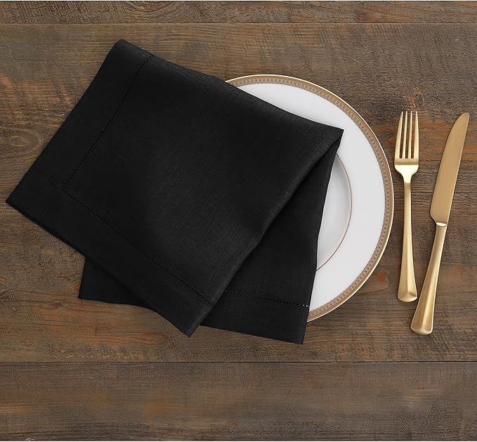 Solino Home Black Linen Napkins Set of 6-100% Pure Linen Hemstitch Dinner Napkins 20 x 20 Inch for Spring, Summer, Mothers Day - Classic Hemstitch