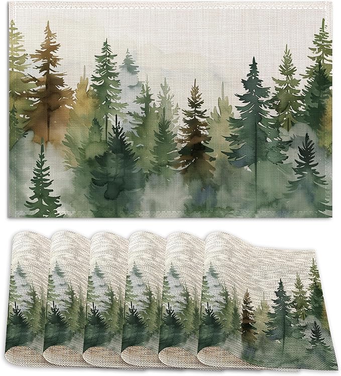 Set of 6 Washable Misty Forest Landscape Placemats Non-Slip Heat-Resistant 12x18 Inch Thick Decorative Linen Table Mats for Dining Table Home Décor