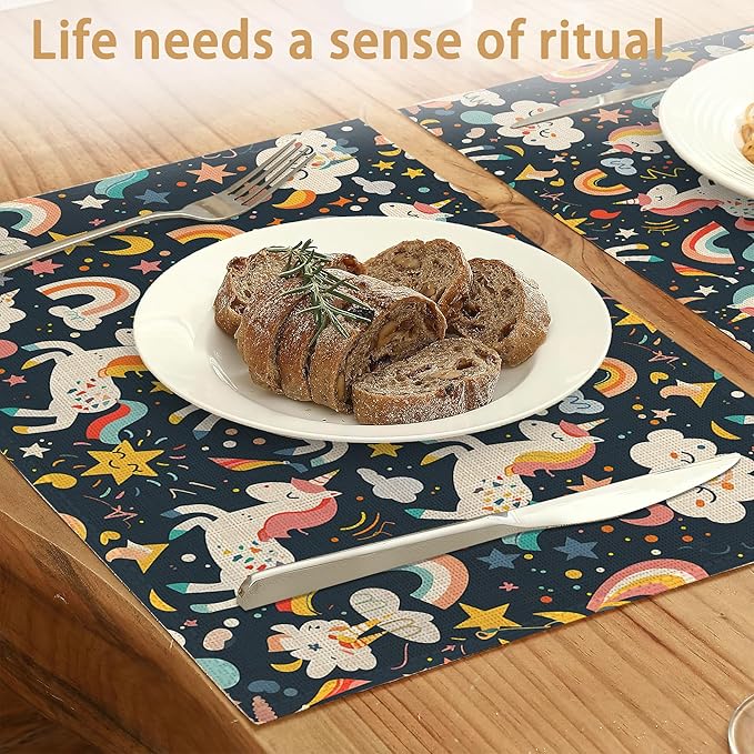 6 Pcs Placemats,Cute Unicorn Placemats,Color Rainbow Table Mats Washable Recyclable Table Placemat for Indoor Outdoor Heat Resistant Kitchen Dining 12"x18"