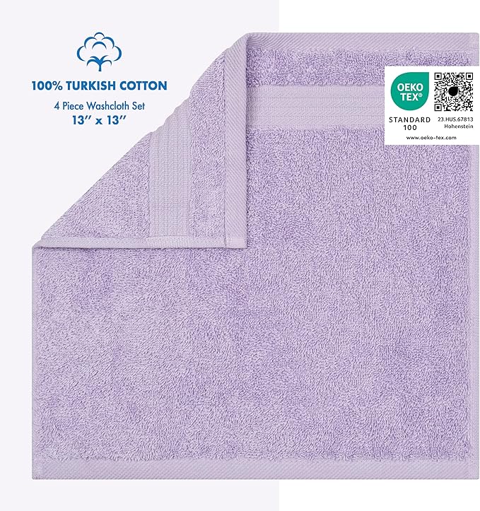 Cotton Paradise 100% Cotton Turkish Washcloth Set for Bathroom, 4 Piece Soft Absorbent Small Towels Wash Rags, Lilac