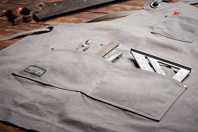 Hudson Durable Goods Heavy Duty Waxed Canvas Work Apron with Tool Pockets (Black), Cross-Back Straps & Adjustable M to XXL (Grey)