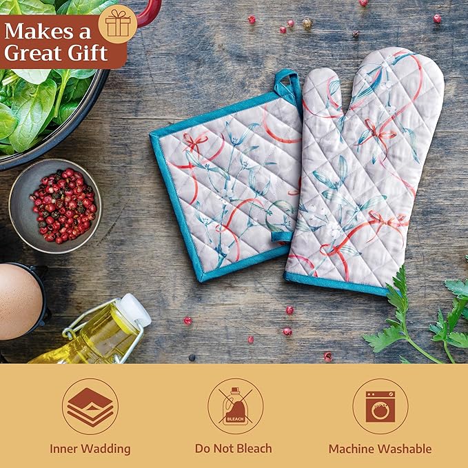 Maison d' Hermine 100% Cotton Oven Mitt & Pot Holder Set (7.5"x13" & 8"x8") Heat Resistant BBQ Cooking Gloves with Loop for Thanksgiving Christmas Decorations Handling Hot Pans (Enora)