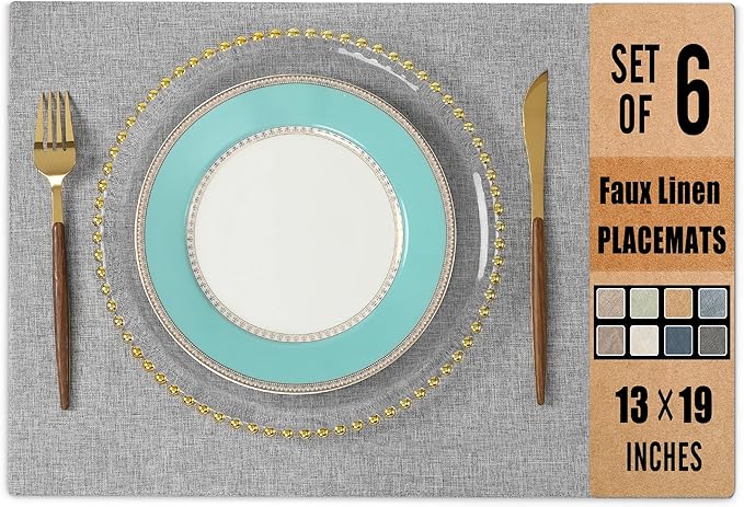 UnivoColors Set of 6 Faux Linen Placemats, Heat-Resistant & Easy-to-Clean,13"x19"for Dining Table, Kitchen, Holiday Meals (Light Grey)