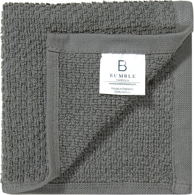 Bumble Towels Premium Dish Cloths 12"x12" | 100% Natural Ring Spun Cotton Tea Towel Set | 430 GSM | Highly Absorbent & Soft | 8 Pack - 4 Popcorn Striped & 4 Solid Kitchen Towels - Gray