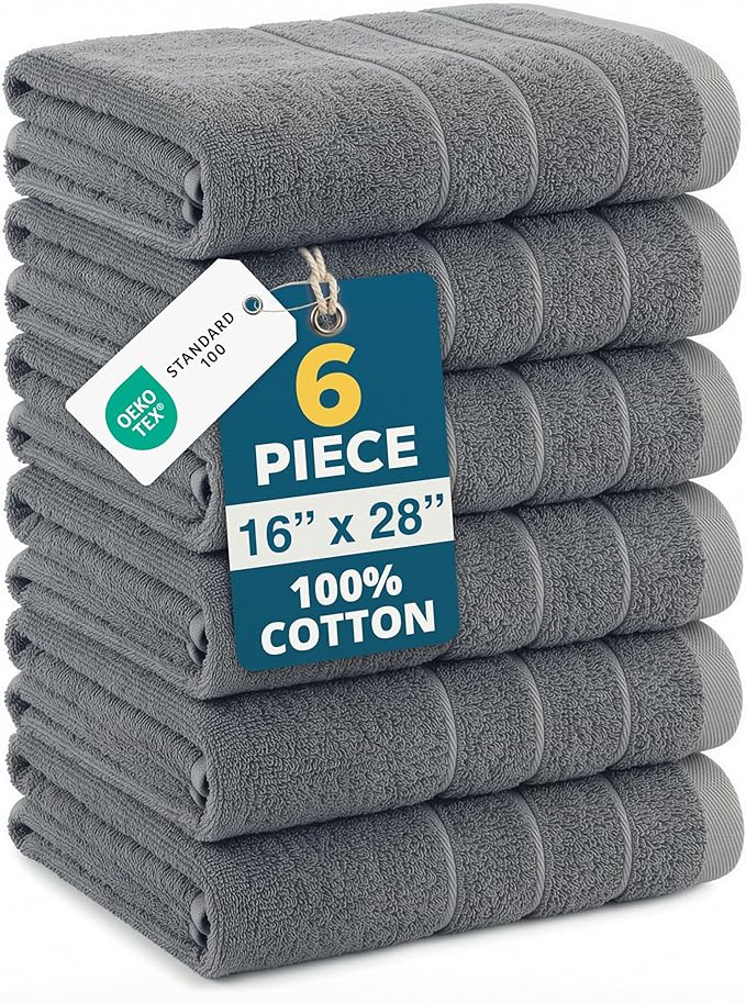 CASA PLATINO Hand Towels for Bathroom - 6 Pack (16"x28"), 100% Cotton Face Towel Set - Soft, Fade & Shrink Resistant - Hotel & Spa Inspired Hand Towels for Bathroom for Modern Family Homes - Cool Grey