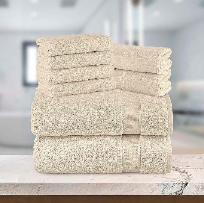 Elegant Comfort Premium Cotton 8-Piece Towel Set, Includes 4 Washcloths, 2 Hand Towels and 2 Bath Towels, 100% Turkish Cotton - Highly Absorbent and Super Soft Towels for Bathroom, Ivory