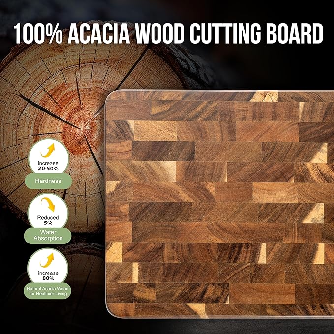 James.F End Grain Cutting Boards, Wooden Cutting Board for Kitchen with Side Handles, Acacia Wood Butcher Block Chopping Board for Meat Bread (13"x9"x1")