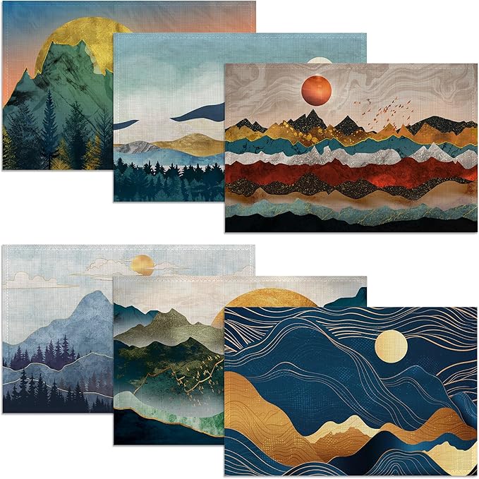Mountains Sun Nature Scenery Placemats Set of 6, 12x18 Inch Waterproof Stain Resistant Linen Table Placemats Summer Seasonal Farmhouse Kitchen Party Decor Home Decor