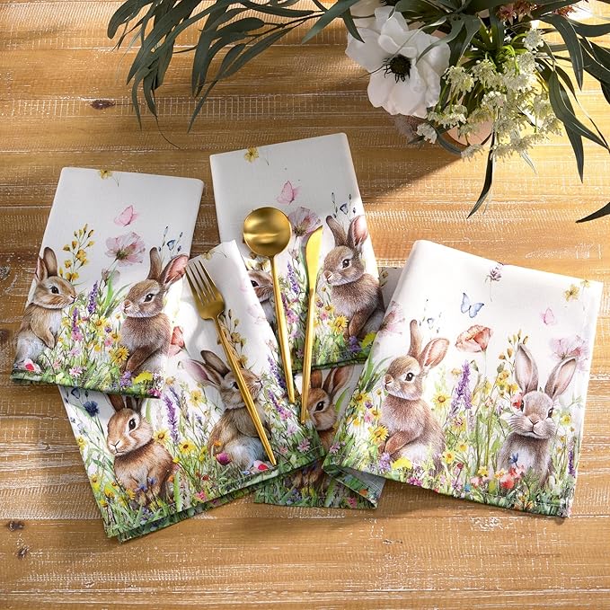 Elrene Home Fashions Bunny Blossom Spring Cloth Dinner Easter Napkins, Set of 4