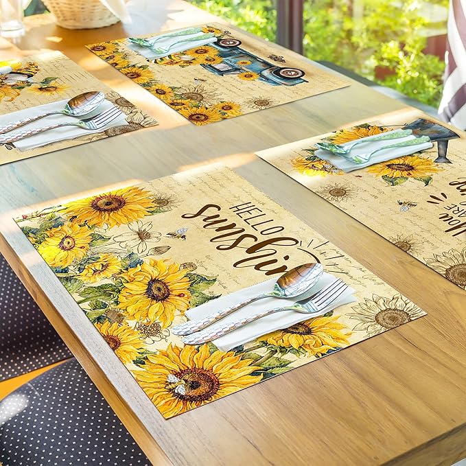 pinata Sunflower Linen Square Spring Placemats Set of 6, Sunflower Table Decor, Vintage Spring Summer Gnome Truck Washable Table Mats for Farmhouse Holiday Indoor Outdoor Party Dining Decoration