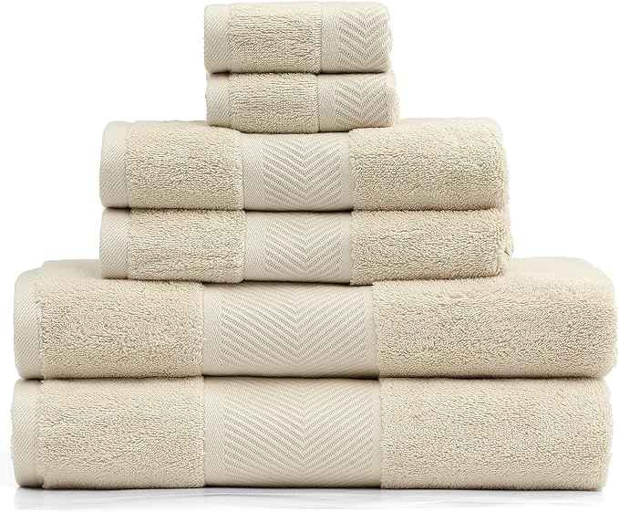 Simple&Opulence Premium 100% Cotton Towel Set - 6 Piece Soft Absorbent Set for Bathroom, Hotel and Spa - 2 Bath Towels 28"x55", 2 Hand Towels 16"x28" & 2 Washcloths 12"x12" (Ivory)