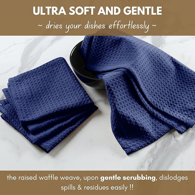 Native Fab 6 Pack Waffle Dish Cloths - 100% Cotton, 12x12 inch, Absorbent, Quick Drying, Washable Towels for Cleaning, Cooking & Baking - Perfect for Home, Restaurants, Bars, Multi Use - Indigo Blue