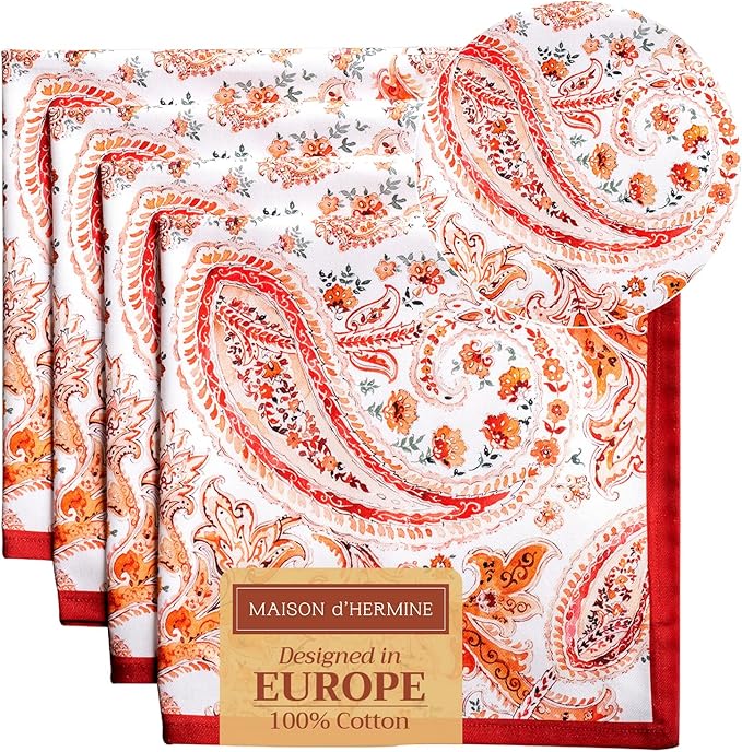 Maison d' Hermine Cloth Napkins Set of 4 100% Cotton for Thanksgiving Christmas Decorations Everyday Reusable Square Fall Napkins Cloth Washable Dinner Party (Orient, 20"x20")