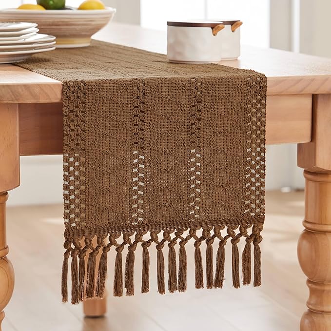 ZeeMart Macrame Style Boho Table Runner, Brown Table Runners 36 Inches Long, Farmhouse Woven Home Decor, 12x36 Inch, Caramel