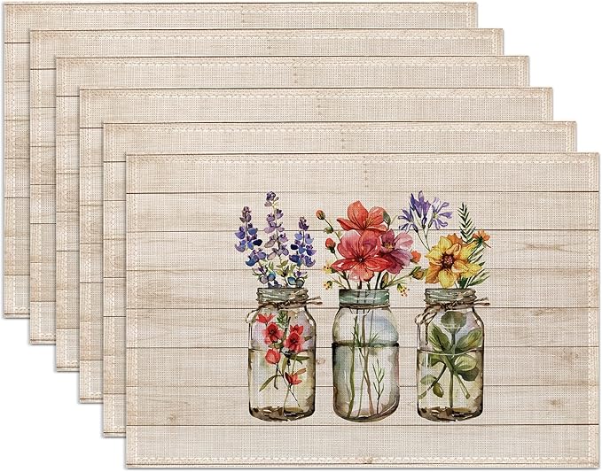 Spring Flowers Placemats Set of 6,Washable Heat Resistant 12×18 Inch Linen Table Mats Floral Place Mats for Party Outdoor Dining Decor