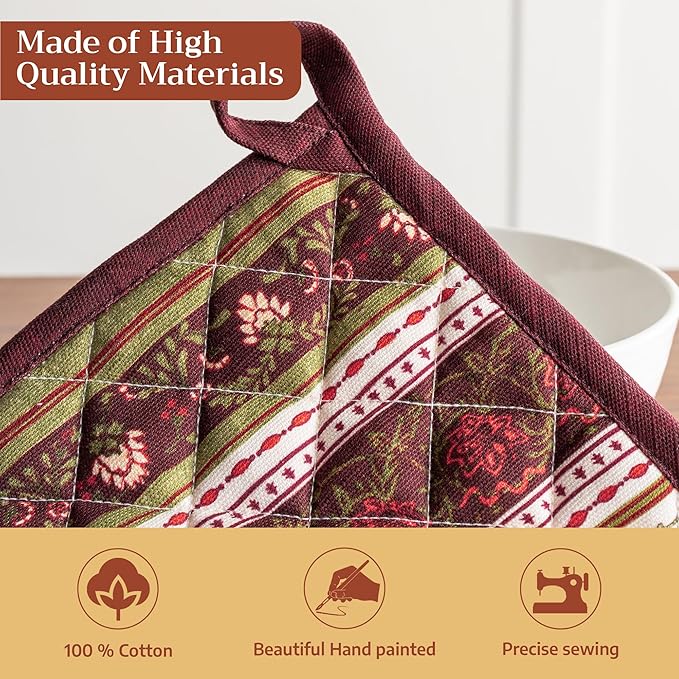 Maison d' Hermine Pot Holders Set 100% Cotton Heat Resistant Potholders 8" x 8" Hot Pads with Loop for Thanksgiving Christmas Decorations Baking Handling Hot Pans (Pack of 2, Reveillon Au Jardin)