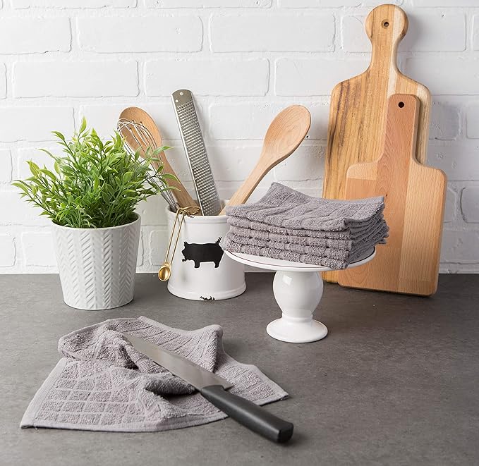 DII Basic Terry Collection Solid Windowpane Dishcloth Set, 12x12, Gray, 6 Piece
